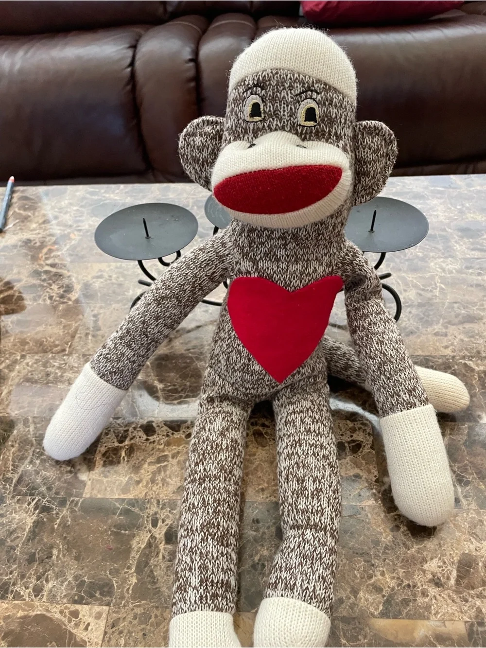 Handmade Brown Knit Sock Monkey Plush with Red Heart